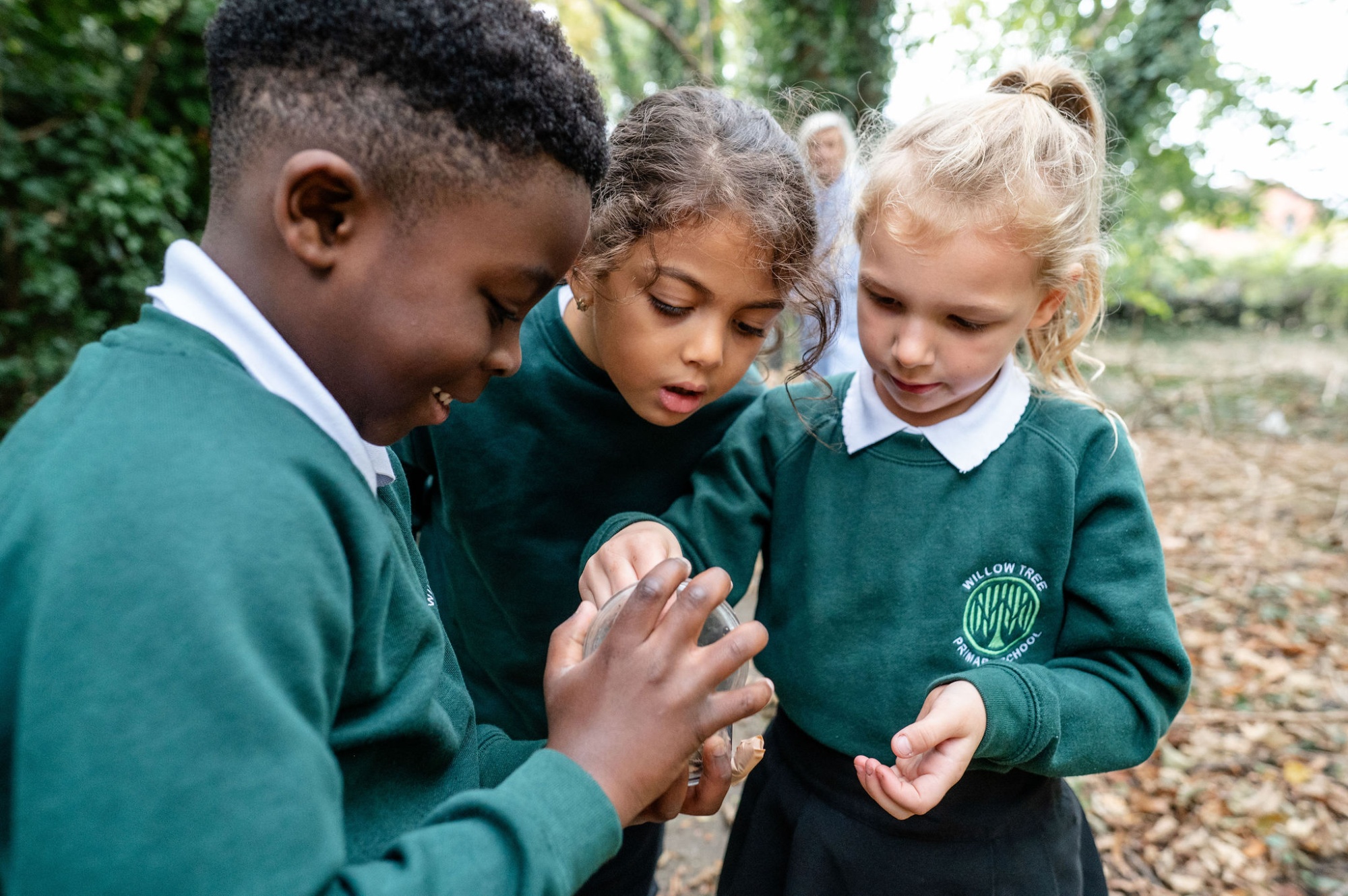 3 children look at something they've found in the woods